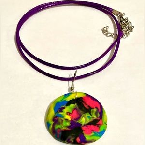 Handcrafted Handmade Clay Necklace Bright Colours Purple Cord Unique